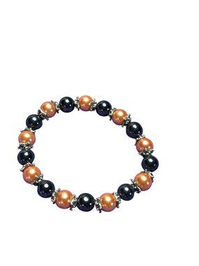 Orange Faux Pearl and Magnetite Beaded Stretchy Bracelet Silvertone 6 inches